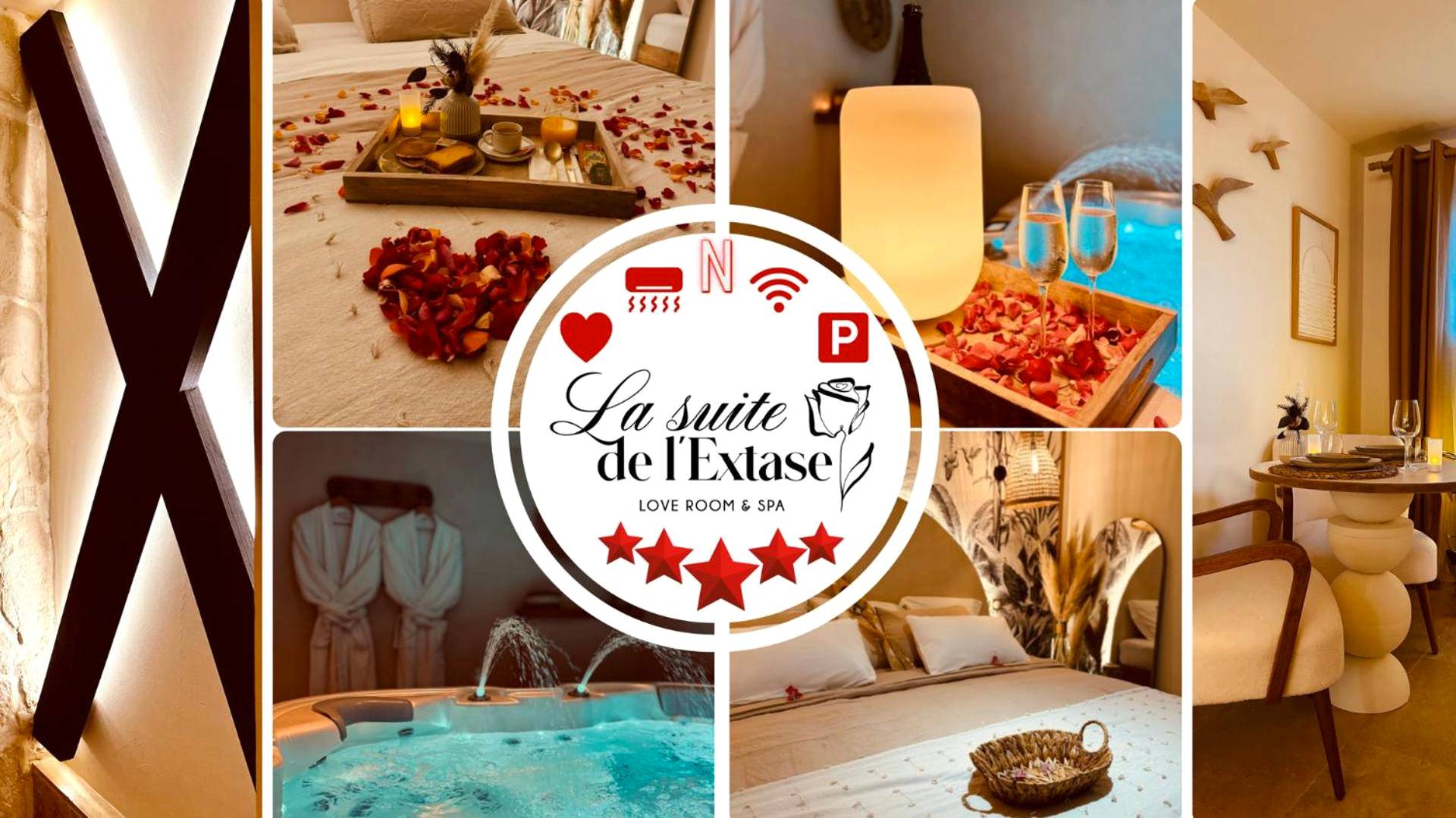 Lit double avec tête de lit arrondie et fresque - Love Room Puget - sur - Argens - LA SUITE DE L'EXTASE - LOVE ROOM -...