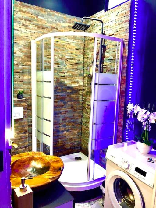 Douche à l'italienne et vasque en bois sculpté - La suite romantique Jacuzzi,parking gratuit,centre