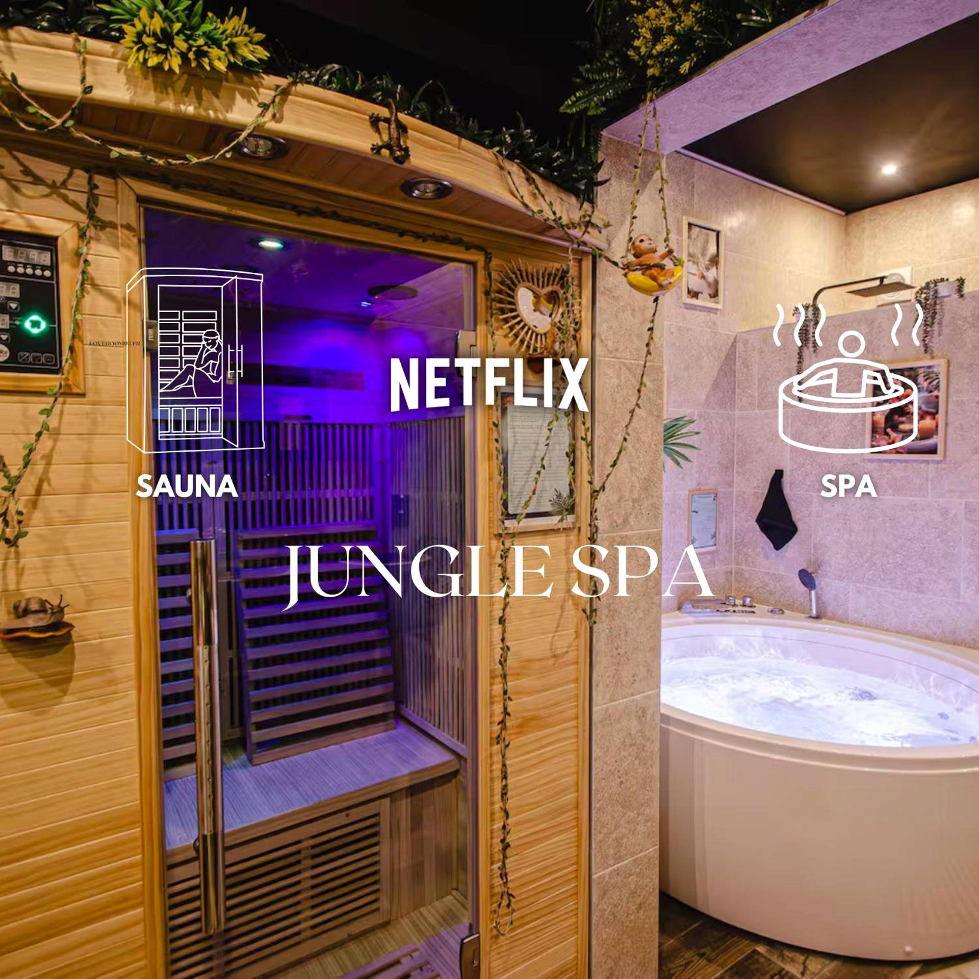 Sauna en bois et jacuzzi rond éclairé - Love Room Château - Thierry - Suite Jungle Spa - Sauna & Balnéo