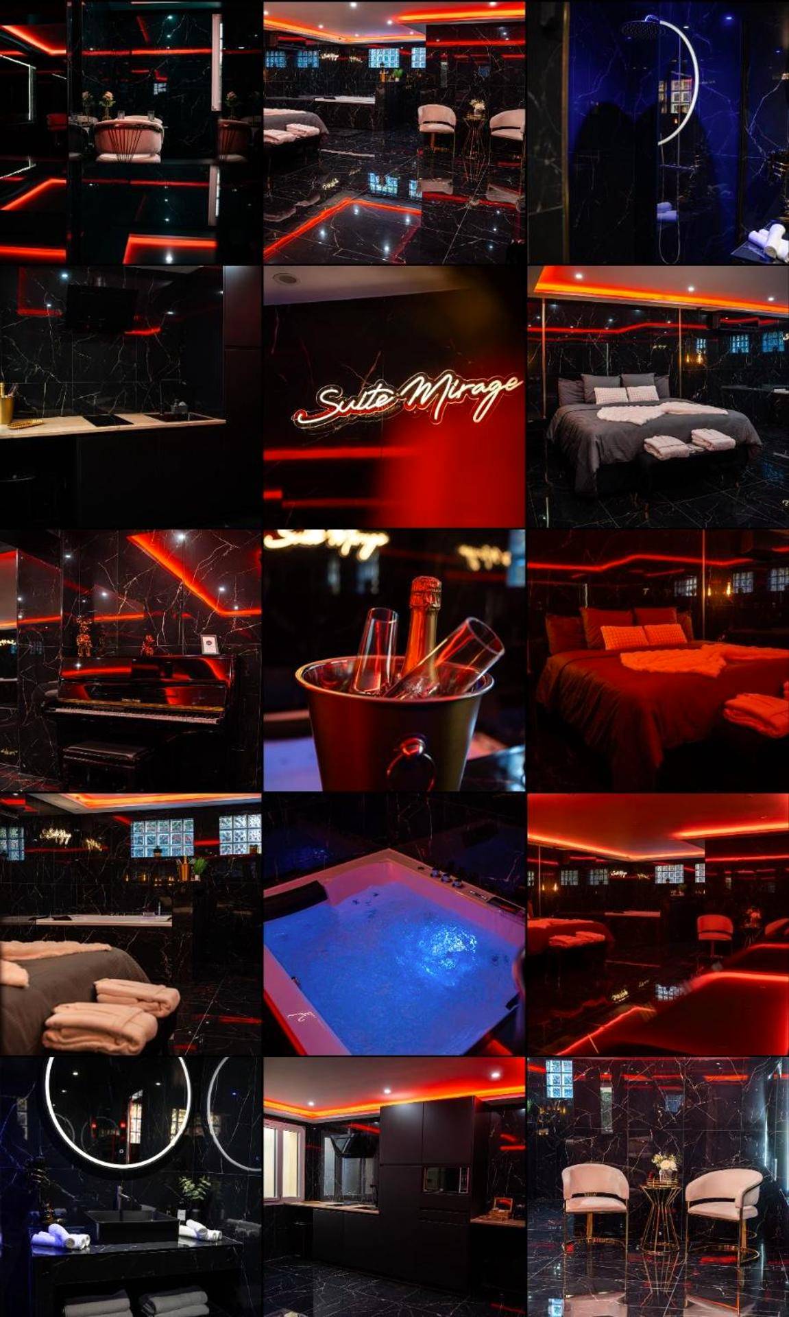 Lit king size dans une chambre en marbre noir - Love Room Pontoise - Découvrez la Suite Mirage à 30 minutes de Paris