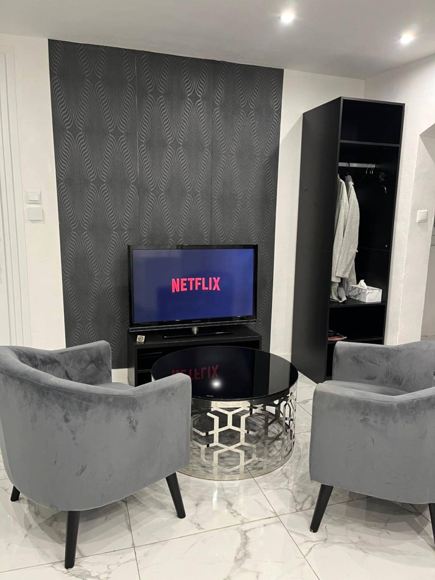 Espace salon avec fauteuils gris et télévision - Cocon Saint - Suite Saint Esteve avec balneo au cœur d'un hameau