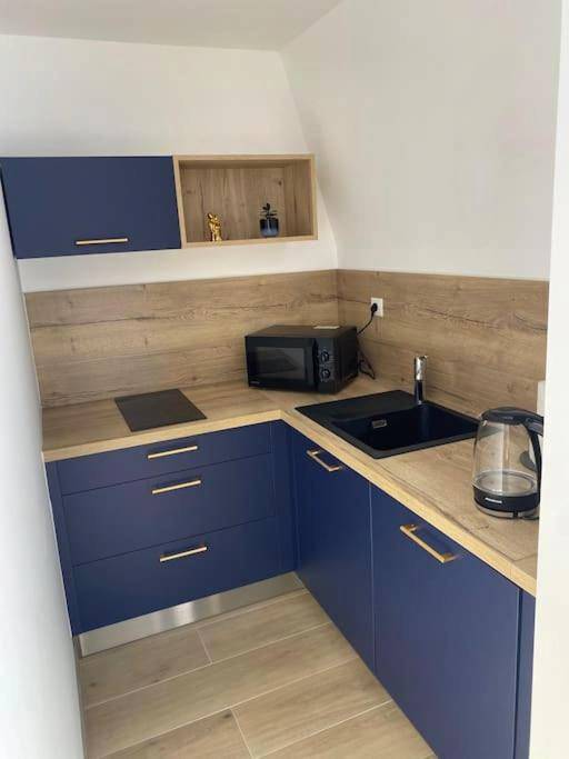 Kitchenette équipée avec meubles bleu mat - La Suite Saphir – spa privatif