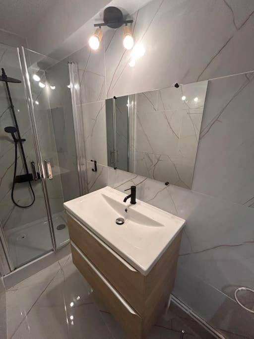 Salle de bain moderne avec douche et vasque - La suite secrète et son spa abrité