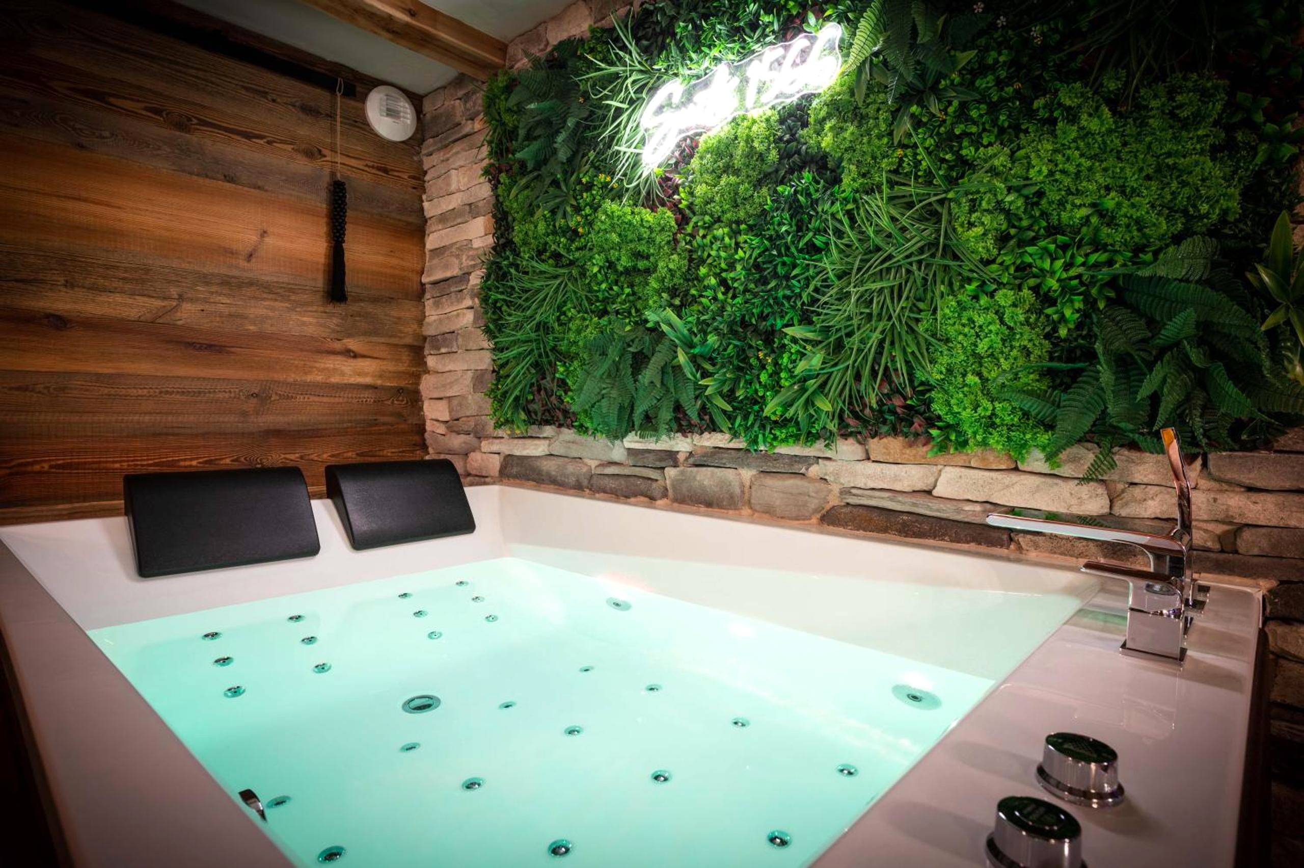 Baignoire balnéo éclairée et mur de plantes - Suite & SPA 1566 Benfeld