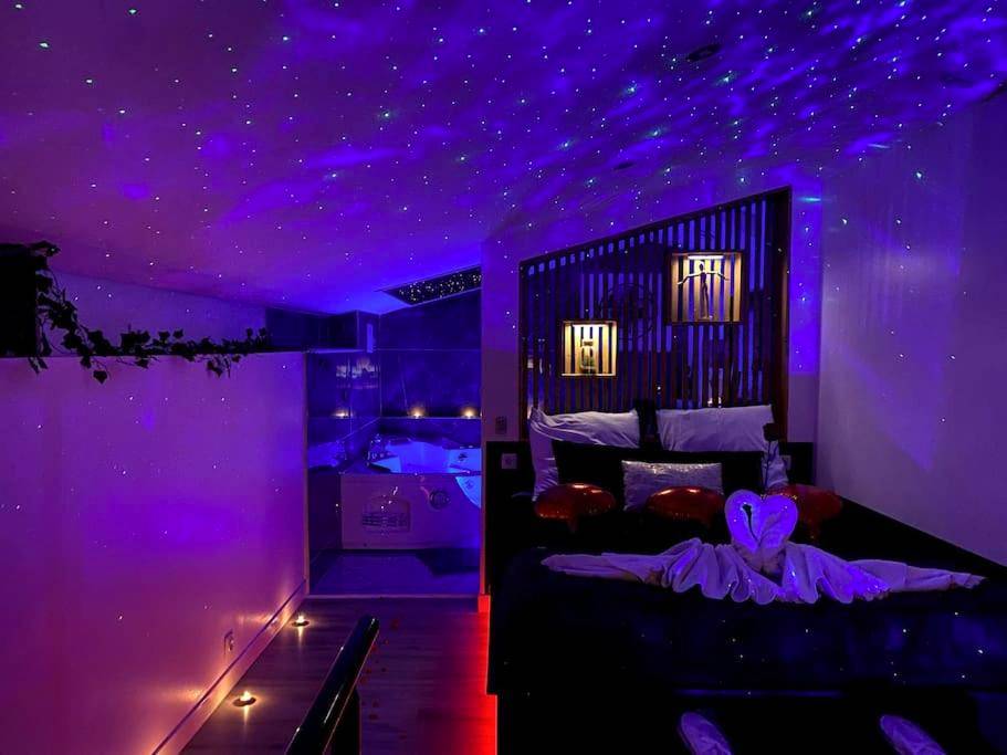 Chambre avec ciel étoilé et cygnes en serviette - Love Room Échirolles - Suite romantique Spa Balnéothérapie
