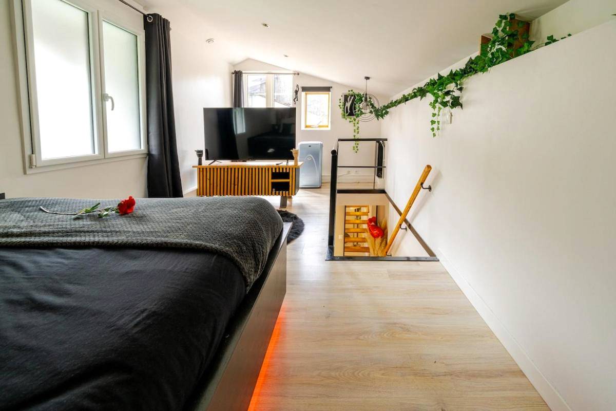 Vue d'ensemble de la suite avec lit et télévision - Suite romantique Spa Balnéothérapie