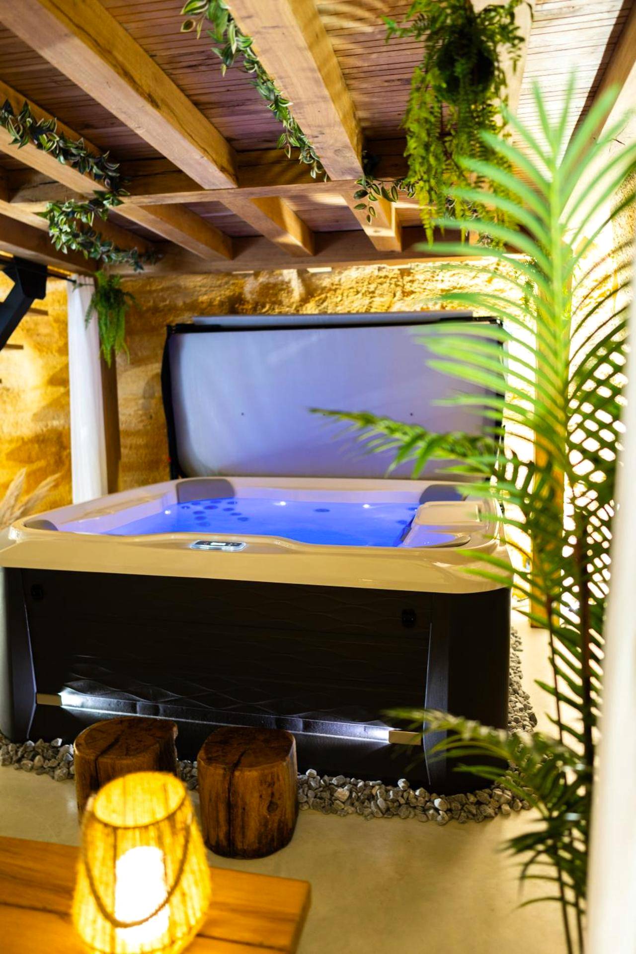 Bain à remous sous plafond boisé et végétalisé - Suite troglodyte & spa privé - Luxe et détente