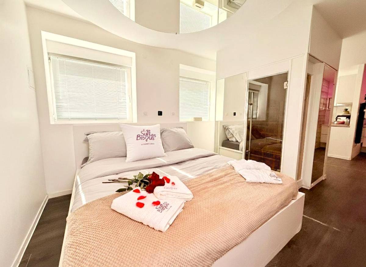 Lit double avec miroir au plafond et sauna - Les Suites Bisous Metz - Jacuzzi & Private Sauna