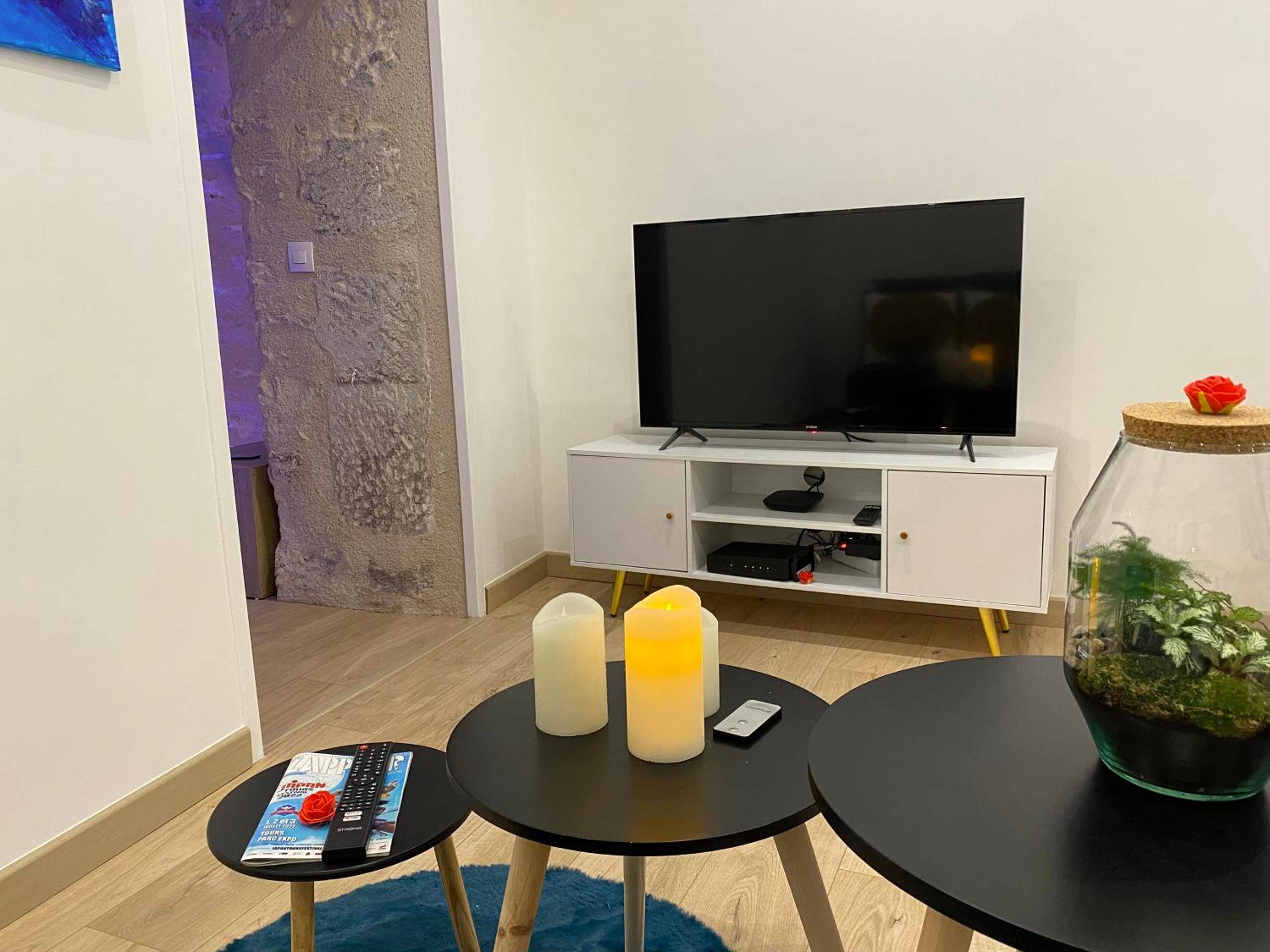 Espace salon avec télévision et bougies - Trog'Love: Balnéo détente dans une troglodyte