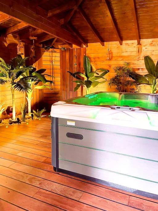 Jacuzzi privatif avec éclairage vert néon - Love Room Provin - Tropical Spa