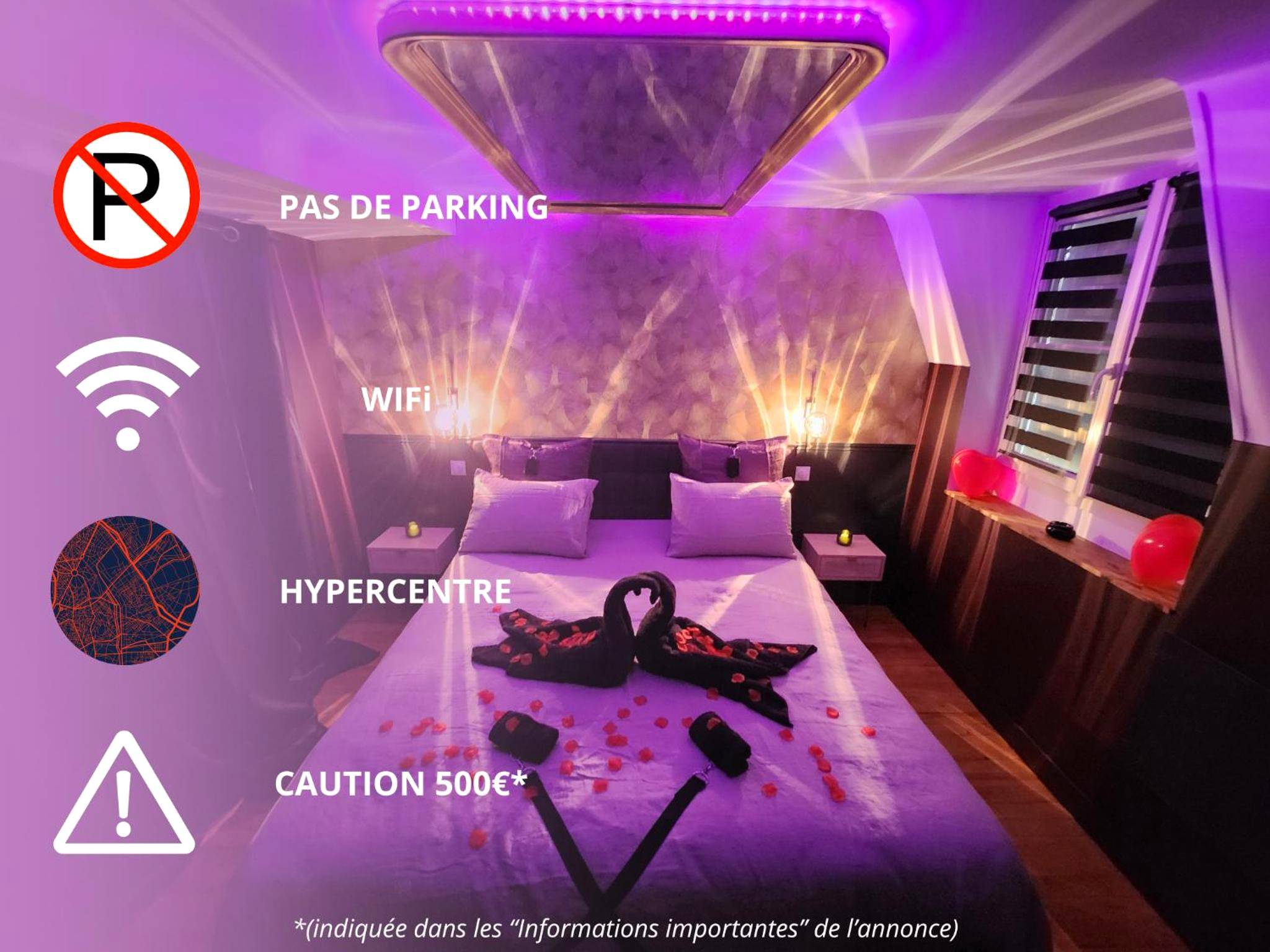 Lit avec cygnes et pétales sous néon violet - Love Room Caen - Caen, Tu m'aimes - Suite Romantique