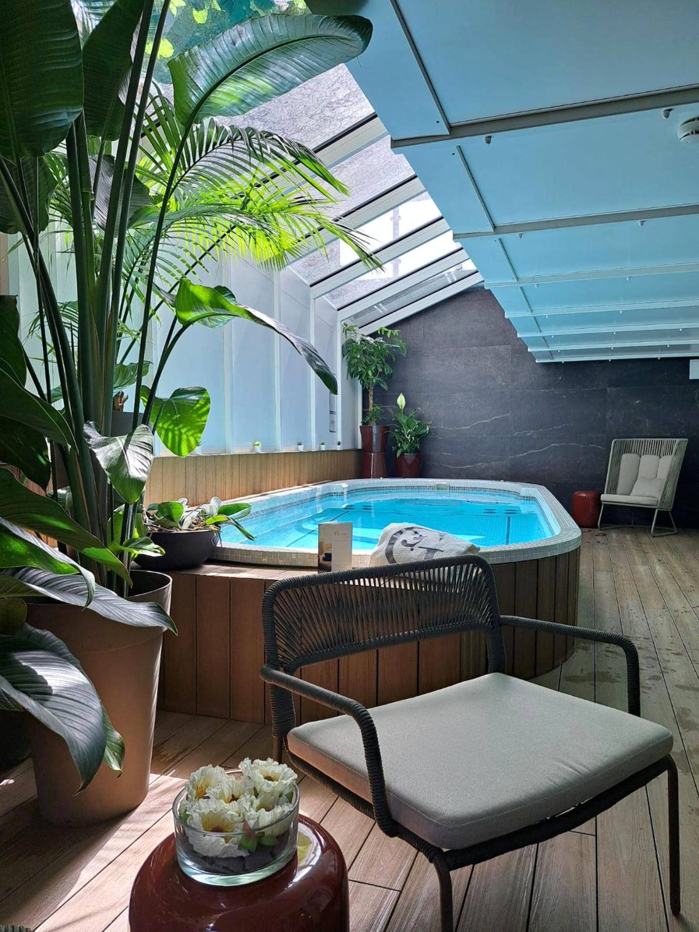 Piscine intérieure sous verrière avec plantes - Love Room Strasbourg - Hôtel Villa La Florangerie - SPA & Piscine