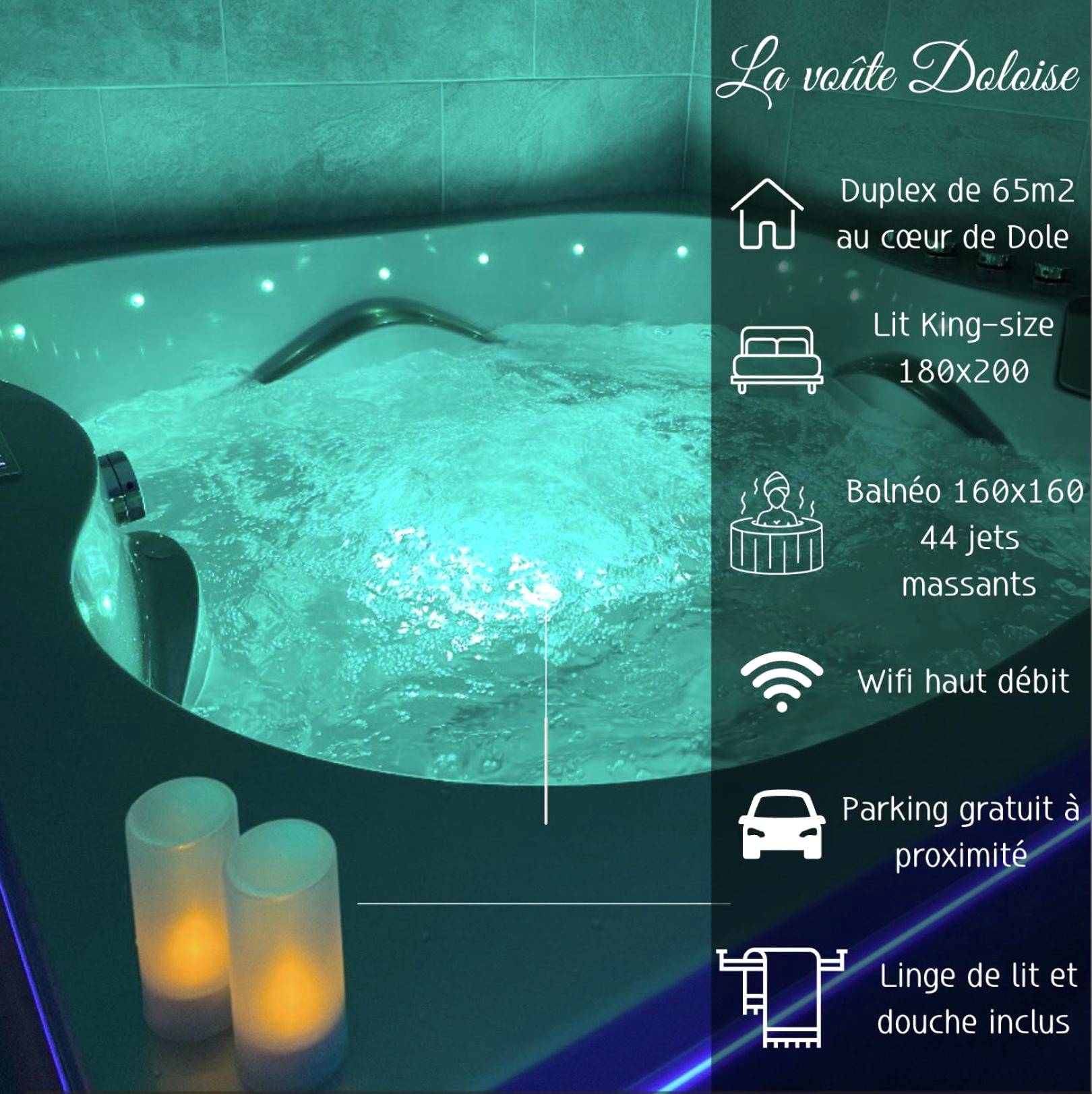Baignoire balnéo avec éclairage LED turquoise - Love Room Dole - La voute Doloise - Love room & spa