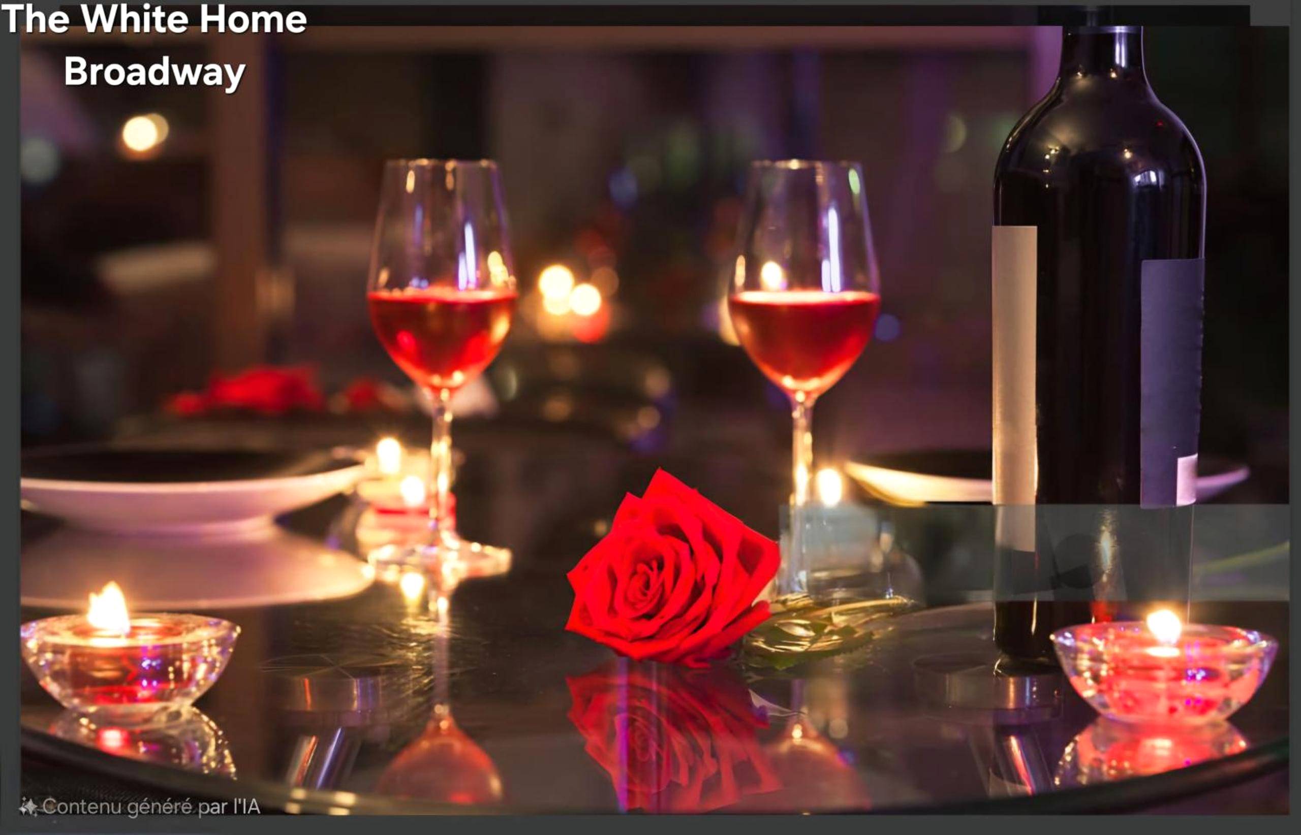 Table romantique avec vin, rose et bougies - The White Home Broadway Love Room