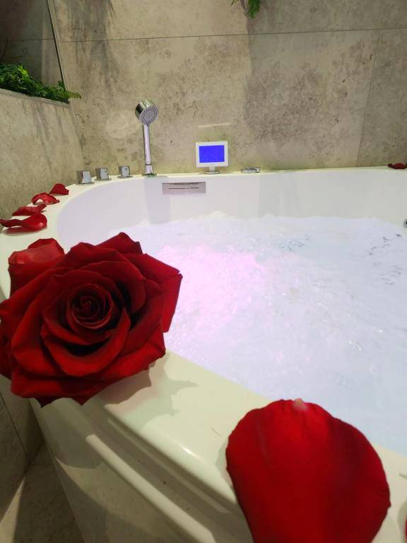 Détail du jacuzzi avec roses et eau bouillonnante - Zen room - Havre de paix